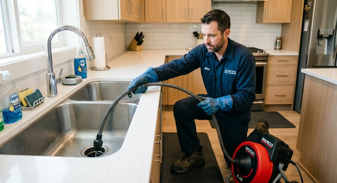 Drain cleaning technician using a motorized snake on a kitchen sink in Paramus