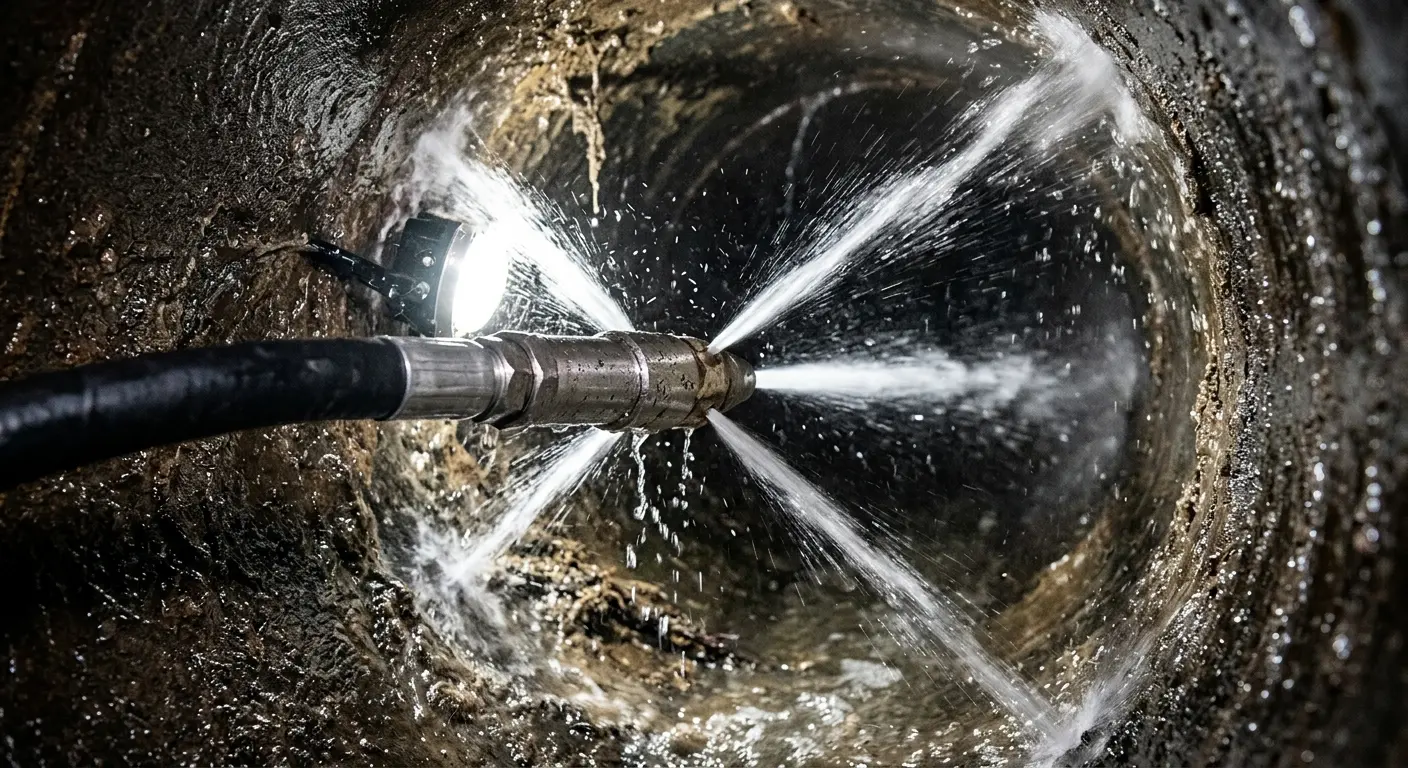 High-pressure hydro jetting nozzle cleaning sewer pipe for Trenchless Sewer Repair in Paramus