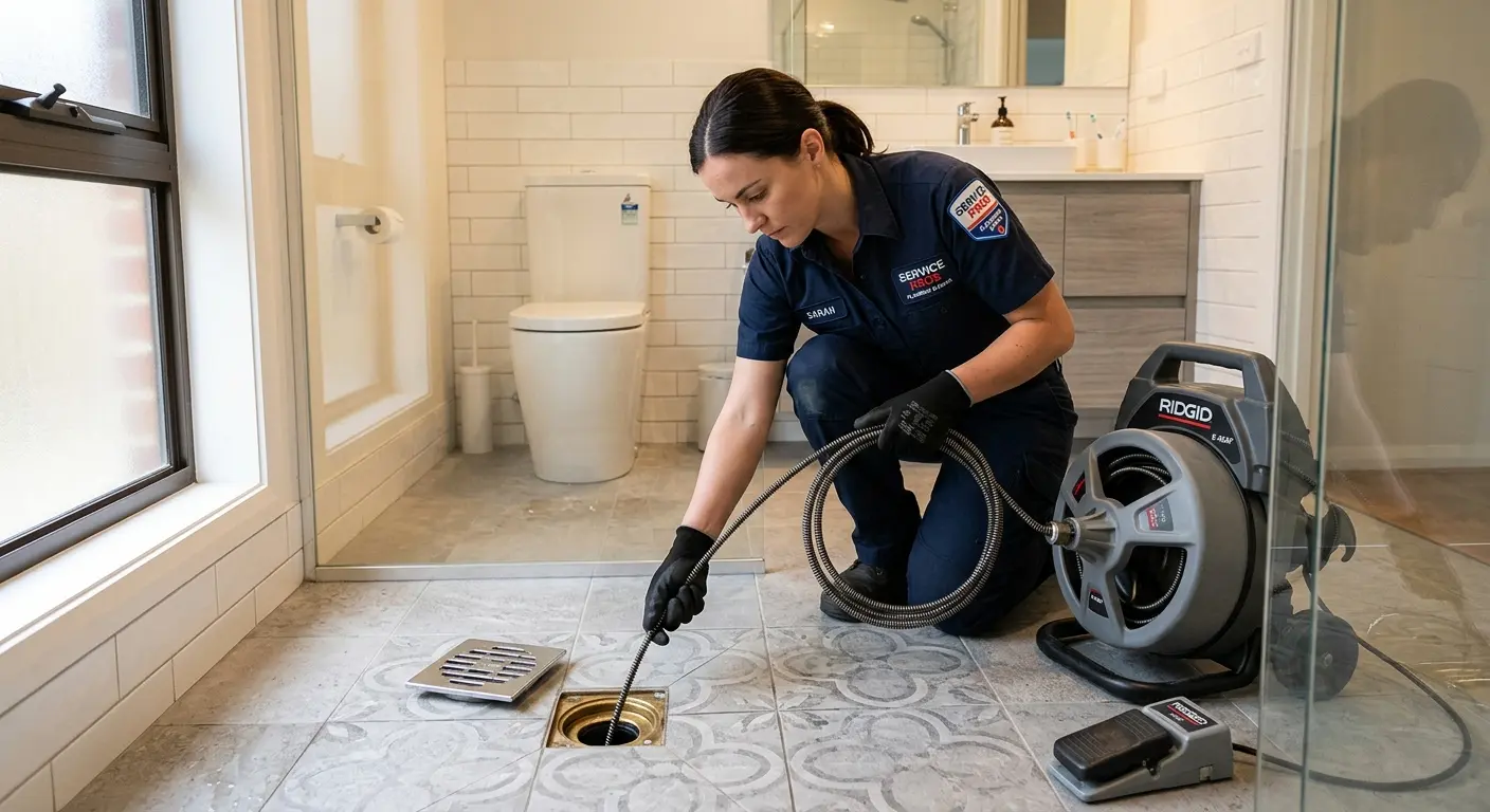 Technician clearing a bathroom floor drain for Sewer Line Replacement in Paramus